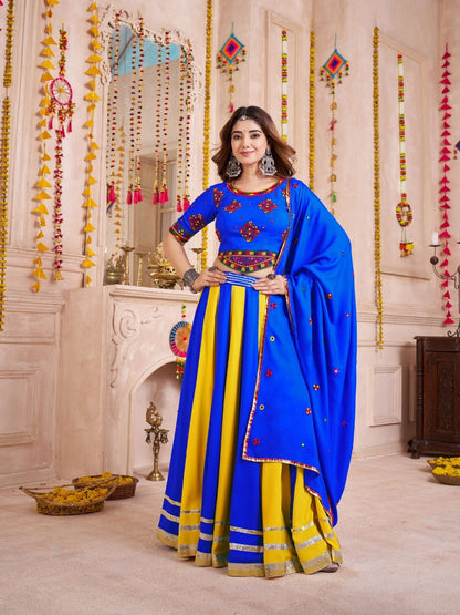 Rajwada Blue Cotton Blend Solid With Golden Border Semi-Stitched Lehenga For Women