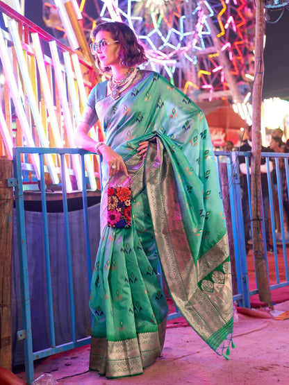 Rajwada Green Silk Blend Woven Saree With Unstitched Blouse For Women