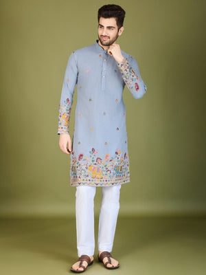 Rajwada Blue Cotton Embroidered Stitched Kurta For Men