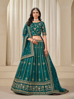 Rajwada Teal Art Silk Embroidered Semi-Stitched lehenga For Women