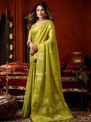 Rajwada Lime Green Silk Blend Solid Saree For Women
