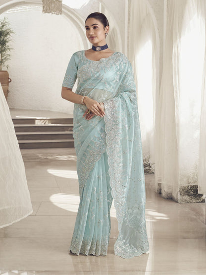 Rajwada Light Blue Embroidered Net Saree With Unstitched Blouse For Women