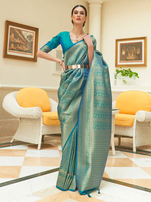 Rajwada Teal Woven Design Silk Blend Saree With Unstitched Blouse For Women