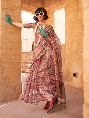 Rajwada Pink Tissue Printed Saree With Unstitched Blouse For Women