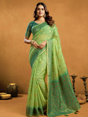 Rajwada Light Green Cotton Blend Solid Saree For Women