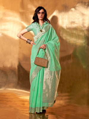 Rajwada Green Linen Woven Saree With Unstitched Blouse For Women