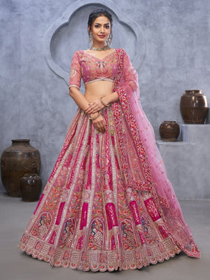 Rajwada Pink Organza Embellished Semi-Stitched Lehenga With Unstitched Blouse For Women