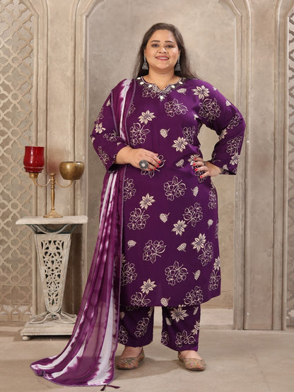 Rajwada Dark Purple Rayon Printed Kurta Set For Women