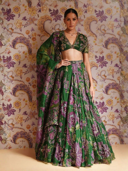 Rajwada Green Georgette Embellished Semi Stitched Lehenga For Women