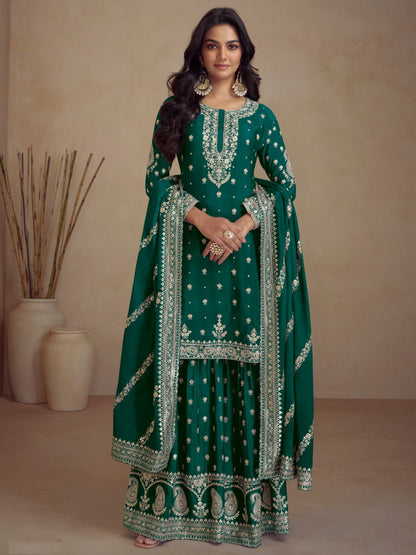 Rajwada Green Silk Blend Embroidered Semi-Stitched Kurta Set For Women