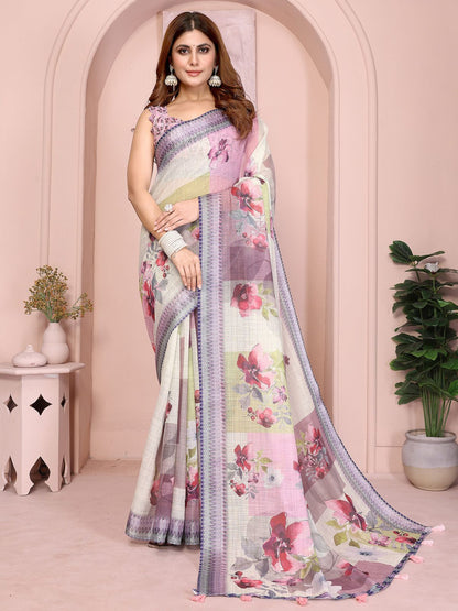 Rajwada Off White Cotton Linen Solid Printed Saree For Women