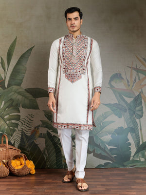 Rajwada White Viscose Silk Embroidered Stitched Kurta For Men