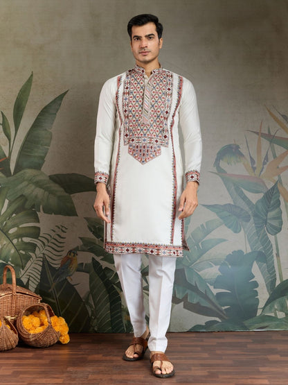Rajwada White Viscose Silk Embroidered Stitched Kurta For Men