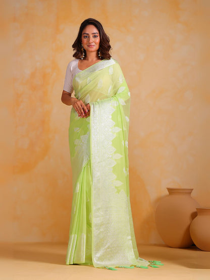 Rajwada Green Georgette Woven Design Saree With Unstitched Blouse For Women