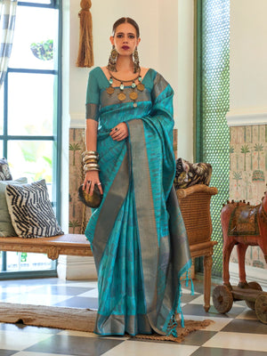 Rajwada Green Organza Woven Saree With Unstitched Blouse for Women