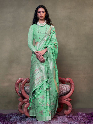 Rajwada Green Silk Blend Woven Saree With Unstitched Blouse For Women