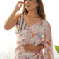 Rajwada Off White Chinon Printed Saree With Unstitched Blouse For Women