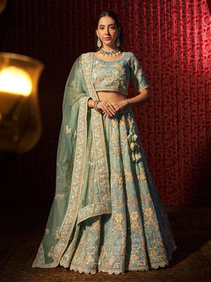 Rajwada Blue Organza Embroidered Semi-Stitched Lehenga For Women