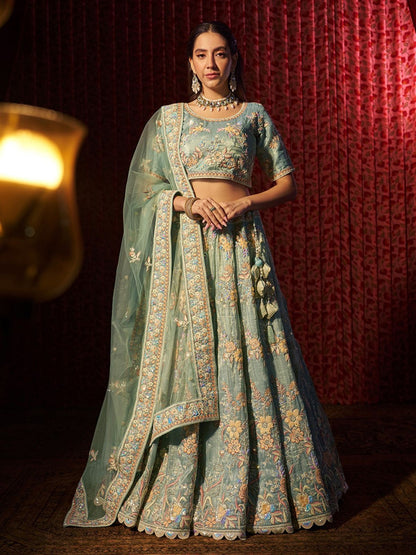 Rajwada Blue Organza Embroidered Semi-Stitched Lehenga For Women