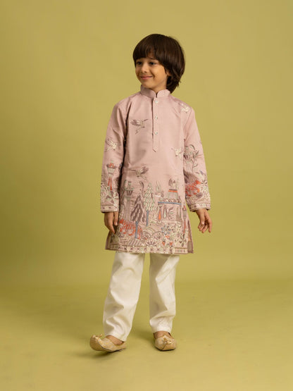 Rajwada Peach Viscose Silk Embroidered Kurta Set For Kids