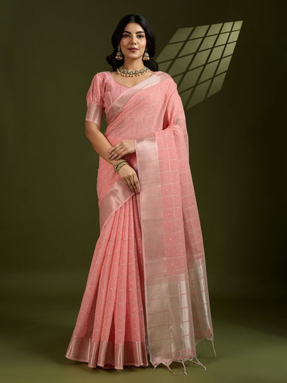 Rajwada Peach Silk Blend Woven Checked Saree For Women