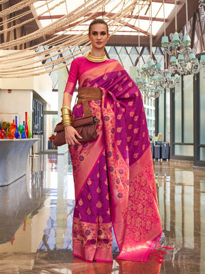 Rajwada Pink Silk Blend Woven Saree With Unstitched Blouse for Women