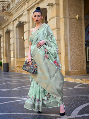 Rajwada Light Green Poly Brasso Woven Saree With Unstitched Blouse For Women