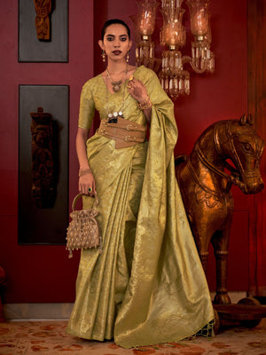 Rajwada Green Silk Blend Woven Saree With Unstitched Blouse For Women