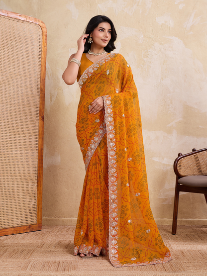 Rajwada Yellow Georgette Printed Saree For Women