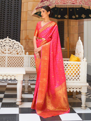 Rajwada Pink Silk Blend Wooven Saree with Unstitched Blouse for Women