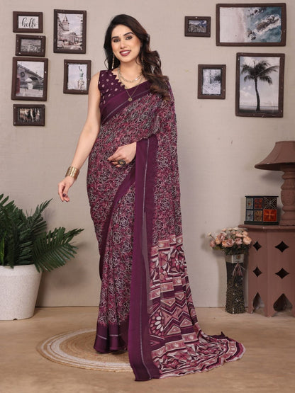 Rajwada Wine Georgette Printed Saree For Women