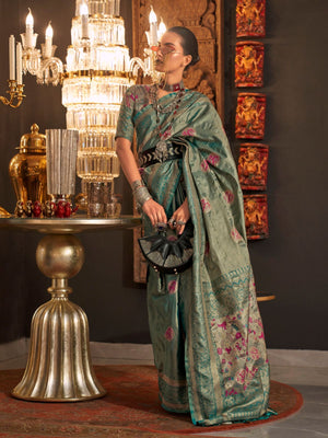 Rajwada Green Silk Blend Woven Saree With Unstitched Blouse For Women