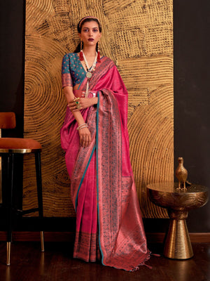 Rajwada Pink Silk Blend Woven Saree With Unstitched Blouse For Women