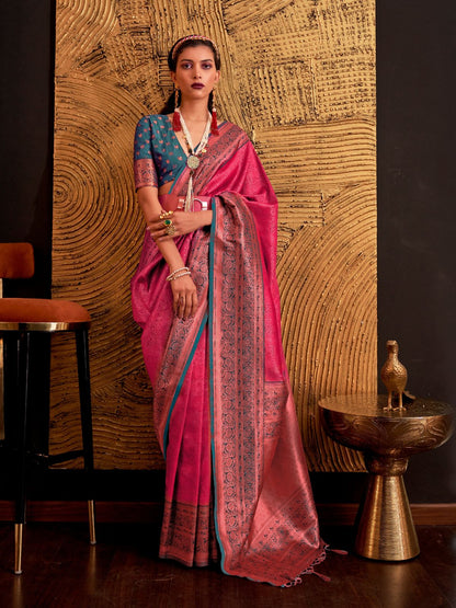 Rajwada Pink Silk Blend Woven Saree With Unstitched Blouse For Women