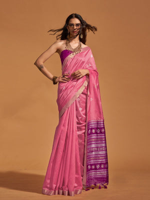 Rajwada Light Pink Silk Blend Woven Saree With Unstitched Blouse For Women