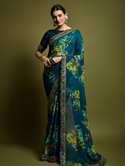 Rajwada Teal Blue Georgette Embroidered Printed Saree For Women