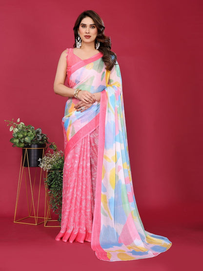 Rajwada Pink Silk Blend Printed Saree For Women