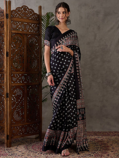 Rajwada Black Silk Blend Printed Elegant Saree For Women