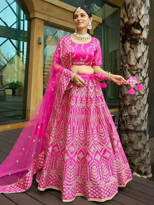 Rajwada Pink Silk Blend Embroidered Semi-Stitched Lehenga For Women