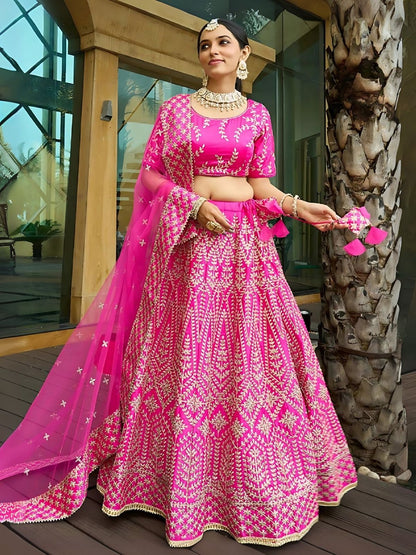 Rajwada Pink Silk Blend Embroidered Semi-Stitched Lehenga For Women