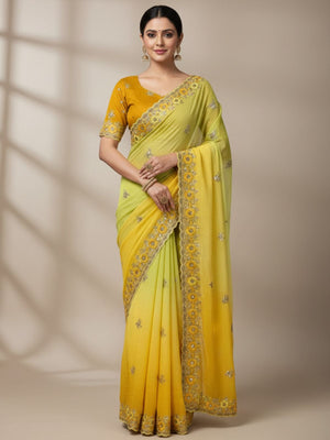 Rajwada Yellow Georgette Embellished Solid Saree For Women