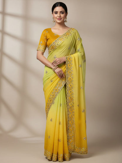 Rajwada Yellow Georgette Embellished Solid Saree For Women