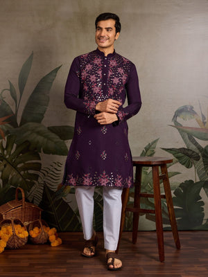 Rajwada Purple Silk Blend Embroidered Stitched Kurta For Men