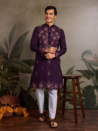 Rajwada Purple Silk Blend Embroidered Stitched Kurta For Men