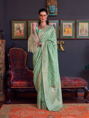 Rajwada Green Silk Blend Woven Saree With Unstitched Blouse For Women