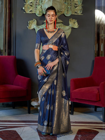 Rajwada Dark Blue Silk Blend Woven Saree With Unstitched Blouse for Women