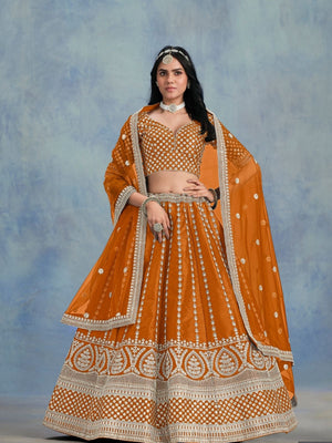 Rajwada Orange Art Silk Embellished Semi-Stitched lehenga For Women