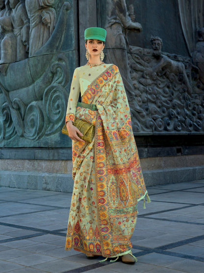 Rajwada Light Green Organza Woven Saree With Unstitched Blouse For Women