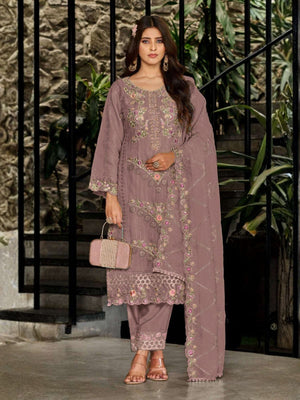 Rajwada Mauve Georgette Embellished Semi-Stitched Kurta Set For Women