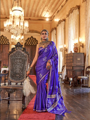 Rajwada Blue Silk Blend Woven Saree With Unstitched Blouse For Women